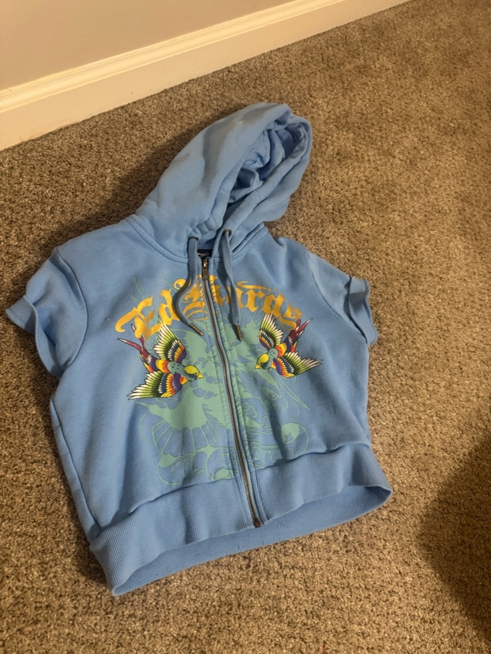 Blue Short-Sleeve Zip Hoodie with Colorful Bird Graphic